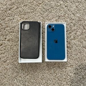 Apple iPhone 13 Blue 256 with Black Case and lightning cable with usbc cord